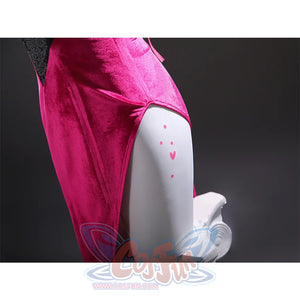 Angel Dust cosplay costume skirt detail showing high side slit in magenta velvet fabric with draping