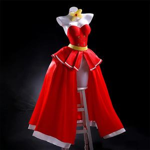 Hazbin Hotel Charlie cosplay costume – red formal gown with white peplum, gold belt, front view on mannequin