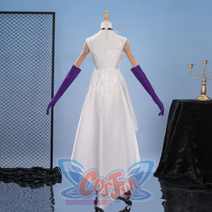 Showcases highmore’s white high - low gown, paired with long purple gloves. A classic base for elaborate cosplay layering.