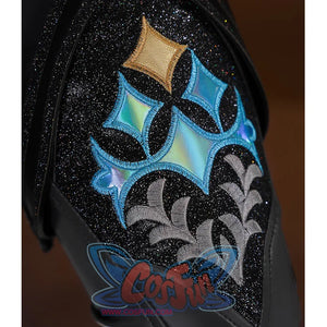 Honkai: Star Rail Cerydra Cosplay Costume about black PU leather stockings decorated with gold, blue, and silver geometric patterns.