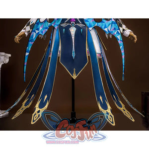 Honkai: Star Rail Cerydra Cosplay Costume has a wing shape on the back, with a geometric cut blue and purple gradient pattern, a long cloth hanging from the waist in the middle, the edge is outlined in gold, and the center is decorated with shiny reflective material and patterns.