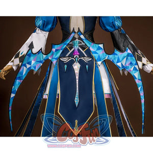Honkai: Star Rail Cerydra Cosplay Costume's back is hollowed out, the main color of the skirt is white, the edge is decorated with golden patterns, and several narrow ribbons hang down from the waist, with complex golden patterns on the tips.