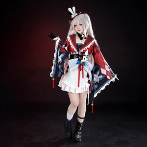 Sparkle cosplay costume full set with white dress, red patterned cape, black gloves, and rabbit ear headpiece