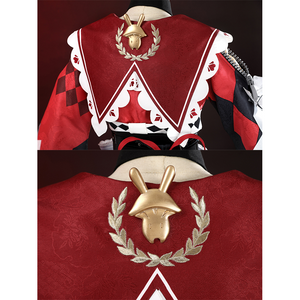 Sparkle cosplay back neckline with golden rabbit emblem, laurel wreath, and white trim detail