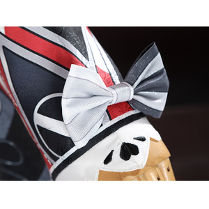 Sparkle cosplay cuff bow with striped ribbon in white, black, and red on sleeve detail