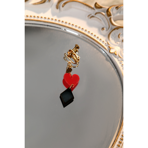 Sparkle cosplay earring with golden crown clip, red heart, and black spade playing card charms