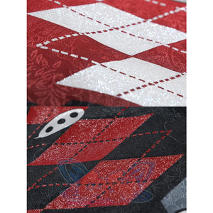 Sparkle cosplay fabric swatches showing diamond pattern and striped materials with details