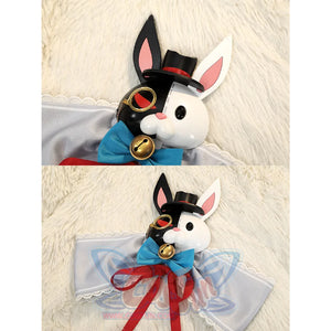 Sparkle cosplay waist plush with white rabbit wearing mini hat, monocle, blue bow, and bell