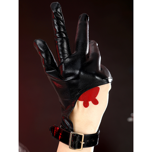 Sparkle cosplay glove with black patent leather, red trim, butterfly charm, and golden buckle
