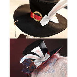 Sparkle cosplay mini hat detail with white bow, golden circular ornament, and chain accent