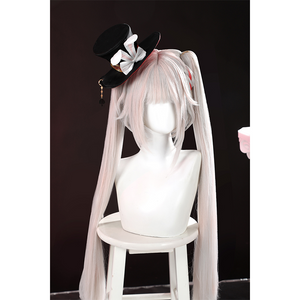 Sparkle cosplay headwear with white rabbit ear hat, black mini top hat, bow, and pink wig