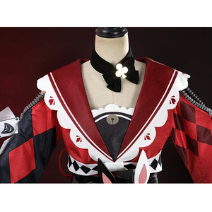 Sparkle cosplay costume neckline detail with black bow tie, red cape collar, and checkered trim
