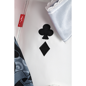 Sparkle cosplay skirt with black playing card symbols and red tag detail on white fabric