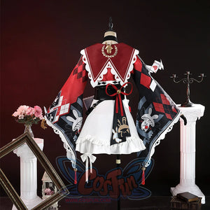 Sparkle cosplay costume back view on mannequin showing patterned cape with rabbit designs