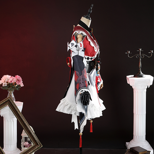 Sparkle cosplay costume side view on mannequin showing red cape with white dress and accessories