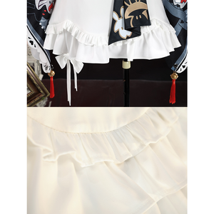 Sparkle cosplay skirt hem with white ruffles, black and red tassels, and golden bell details