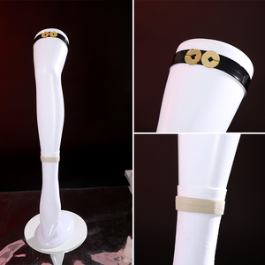 Sparkle cosplay thigh strap with black band, golden circular buckles, and white stockings