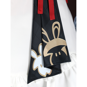 Sparkle cosplay waist ribbon detail with golden rabbit silhouette on black fabric and red trim