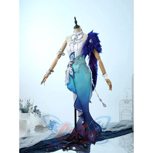 Yao Guang cosplay dress left side view on mannequin displaying teal gown and blue feathered details