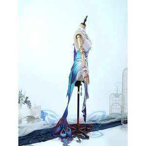 Yao Guang cosplay costume side view on mannequin showing elegant teal dress with flowing blue cape