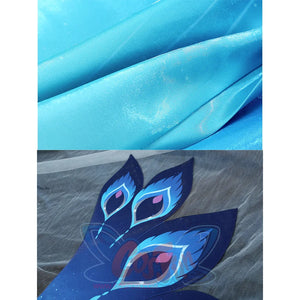 Yao Guang cosplay costume fabrics detail showing teal satin and blue feather pattern appliques