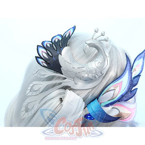Yao Guang cosplay head accessory detail with white feather design and blue-pink ornamental elements