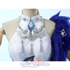 Yao Guang cosplay costume necklace detail with silver ornamental design and teal gemstone centerpiece