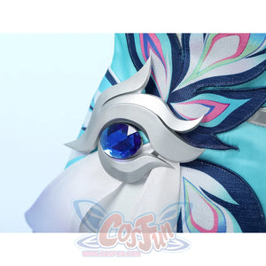 Yao Guang cosplay waist accessory detail featuring silver design with blue gemstone and teal fabric
