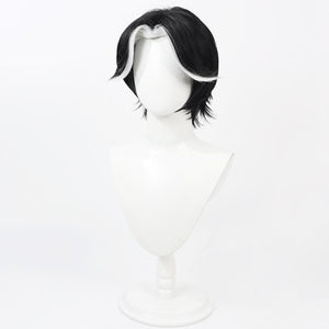 Hazbin Hotel Husk cosplay wig, short black hair with white highlighted sides, angled view on mannequin