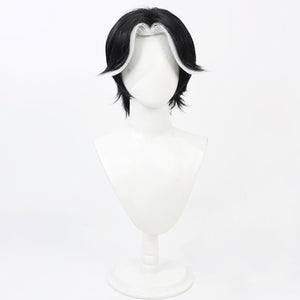 Hazbin Hotel Husk cosplay wig, short black hair with white highlighted sides, front view on mannequin