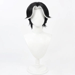 Hazbin Hotel Husk cosplay wig, short black hair with white highlighted sides, front view on mannequin