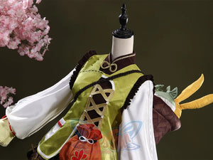 Genshin Impact Yaoyao cosplay vest traces yellow and brown embroidery in a detailed costume view.