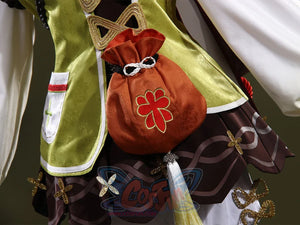 Genshin Impact Yaoyao cosplay outfit anchors orange drawstring pouch over brown skirt beside green embroidered vest.