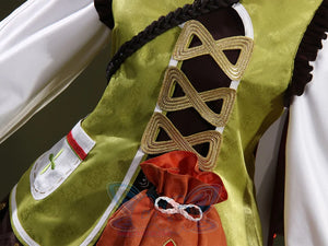 Genshin Impact Yaoyao cosplay jacket pairs brown lace-up front beside small orange pouch and red-green side pocket.