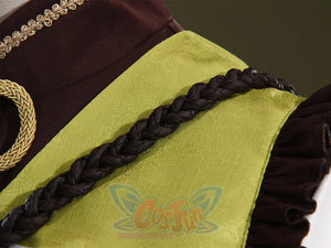 Genshin Impact Yaoyao cosplay vest centers gold circular decoration over light green panel beside brown braided cord.