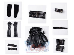 HORROR BISHOUJO Edward Scissorhands cosplay wristbands pair with multi-strap corseted belt and pleated peplum top featuring.