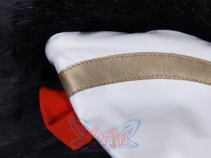 Genshin Impact Yaoyao cosplay collar band layers gold metallic faux-leather trim beside red fabric and black fur edging.