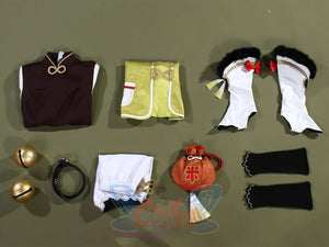 Genshin Impact Yaoyao cosplay costume sets brown vest and green shorts beside fur-lined sleeves and orange waist bag.