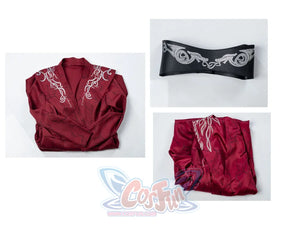 Rhaenyra Targaryen cosplay set pairs a folded silver-embroidered red jacket with an ornate silver-patterned black belt.