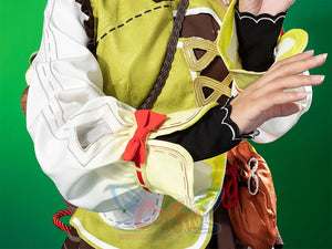 Genshin Impact Yaoyao cosplay dress balances yellow-green fabric and white panels beside gold trims and red bow.