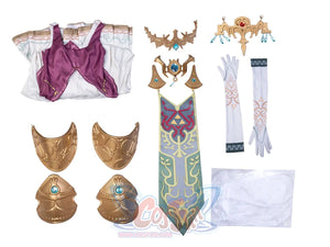 Twilight Princess Zelda cosplay set gathers gold armor headdress beside long printed scarf and cuffed gloves.
