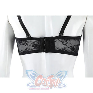 Ida cosplay black lace bra back view showing hook-and-eye closure and floral lace back band detail