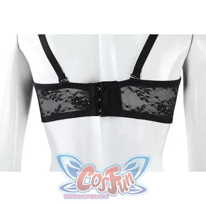 Ida cosplay black lace bra back view showing hook-and-eye closure and floral lace back band detail
