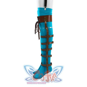Ida cosplay blue stocking and brown leg brace side view, worn with matching blue heeled boot
