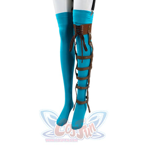 Ida cosplay blue thigh-high stocking with brown leather leg brace close-up on mannequin leg