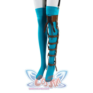 Ida cosplay blue thigh-high stocking with brown leather leg brace close-up on mannequin leg