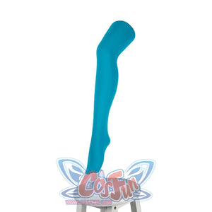 Ida cosplay blue thigh-high stocking displayed on a stocking form against white background