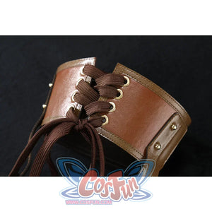 Ida cosplay brown leather leg brace extreme close-up showing lace-up eyelets and lacing on dark background