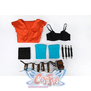 Ida cosplay complete costume set flat lay with all pieces and accessories organized display
