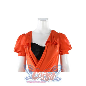Ida cosplay orange dress upper body detail showing deep V-neckline and black inner top on mannequin